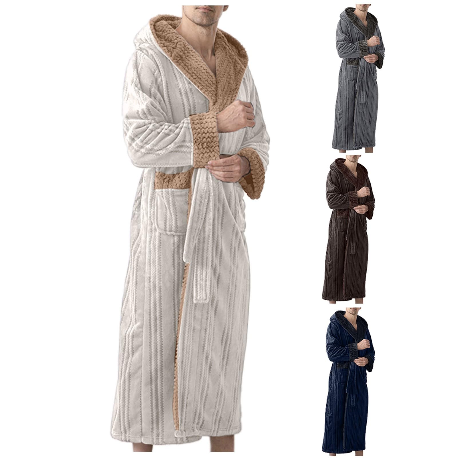 Accappatoio da uomo, kimono, con scollo a V, tinta unita, in pile, lungo, soffice, con cappuccio, in spugna, con motivo a griglia