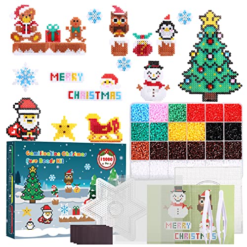 Moncolis 12000 Bügelperlen Set Weihnachten Kühlschrankmagnete Steckperlen mit Steckplatten Magnete Vorlagen Zubehör Kinder Jungen Mädchen Geschenk (10 Farben, 2.6mm) Cover