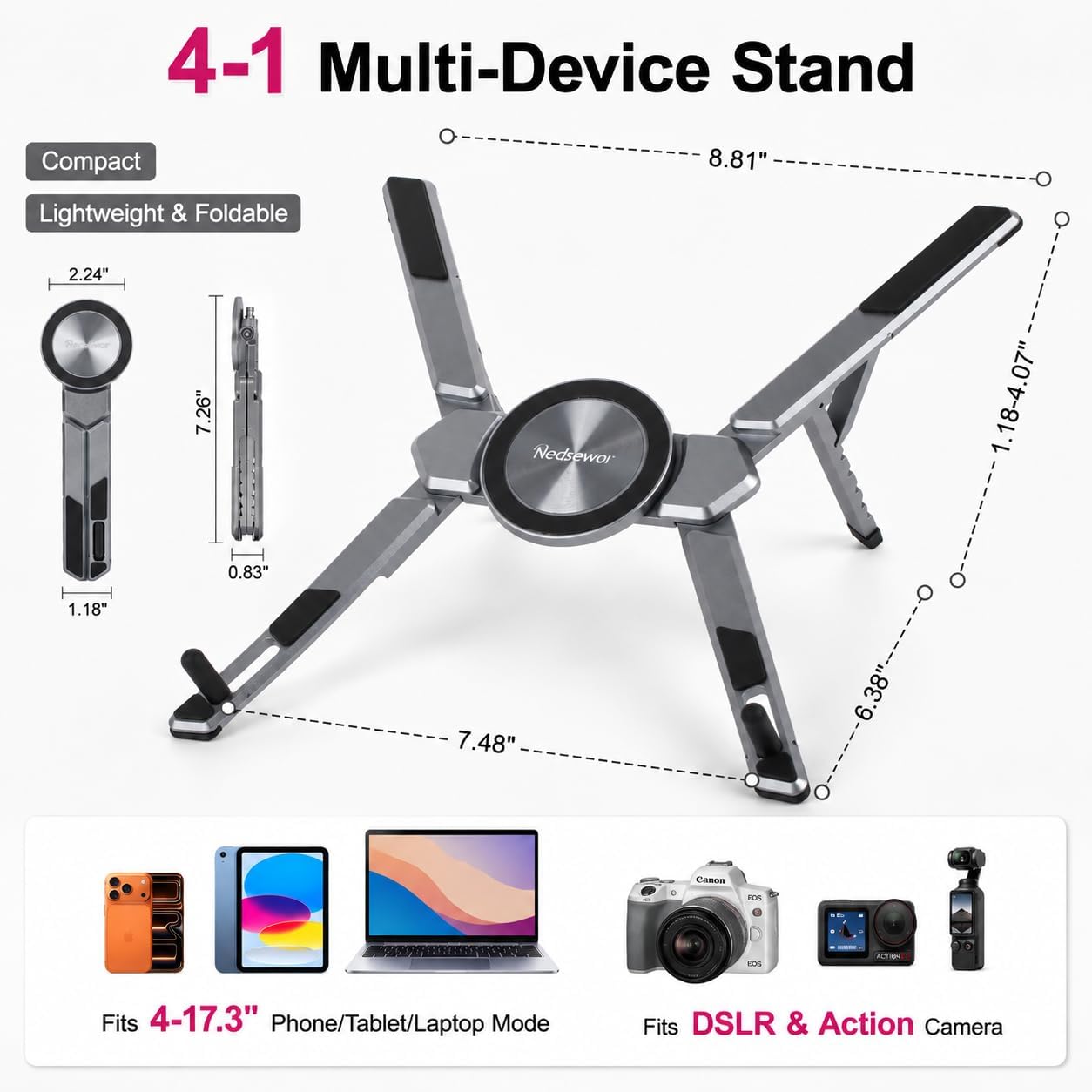 4-in-1 Adjustable Laptop Stand for desk with Magnetic Phone Holder & Camera Tripod, Foldable Aluminum Stand for Laptop, Tablet, Camera, Portable Ergonomic Desk Setup for Travel & Remote Work(Gun Gray)