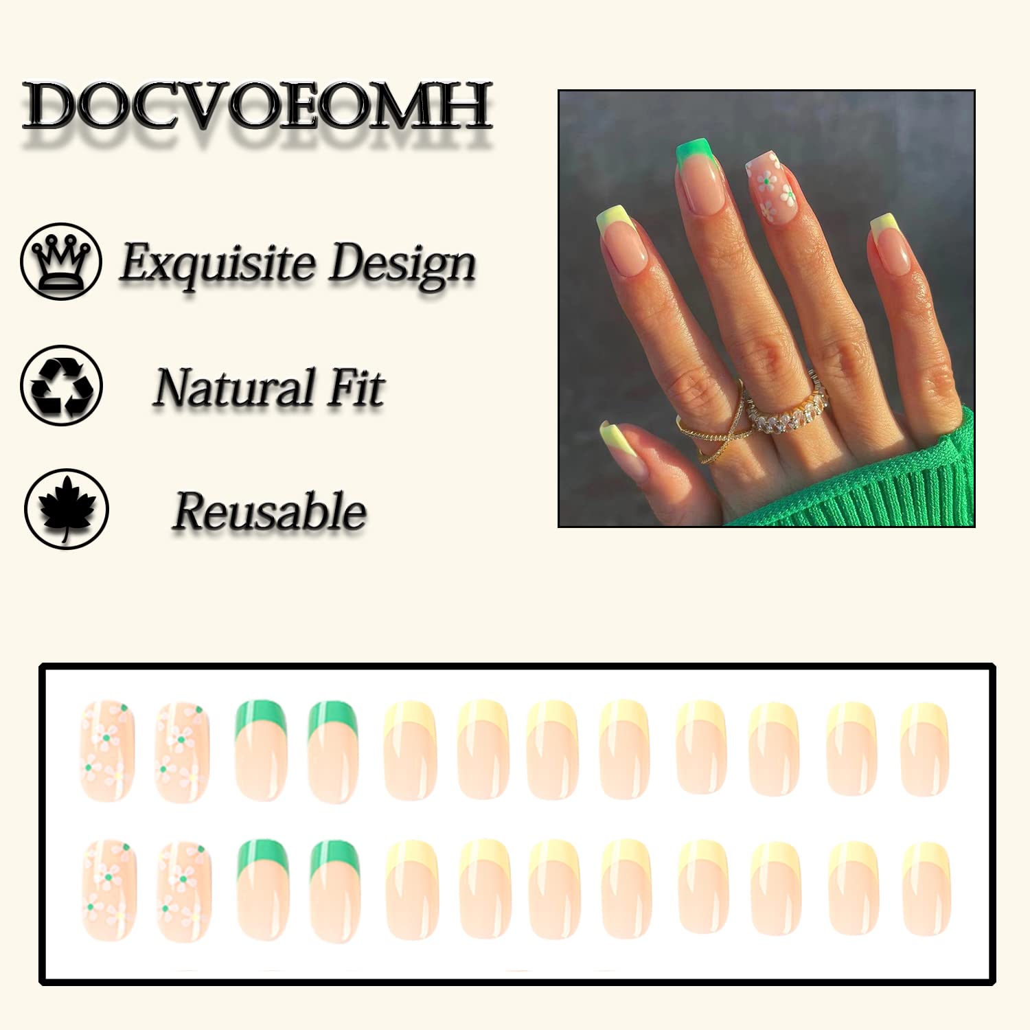 DOCVOEOMH Green French Tip Press on Nails Short Fake Nails Acrylic Glue on Nails Square False Nails Daisy Stick on Nails for Women 24Pcs
