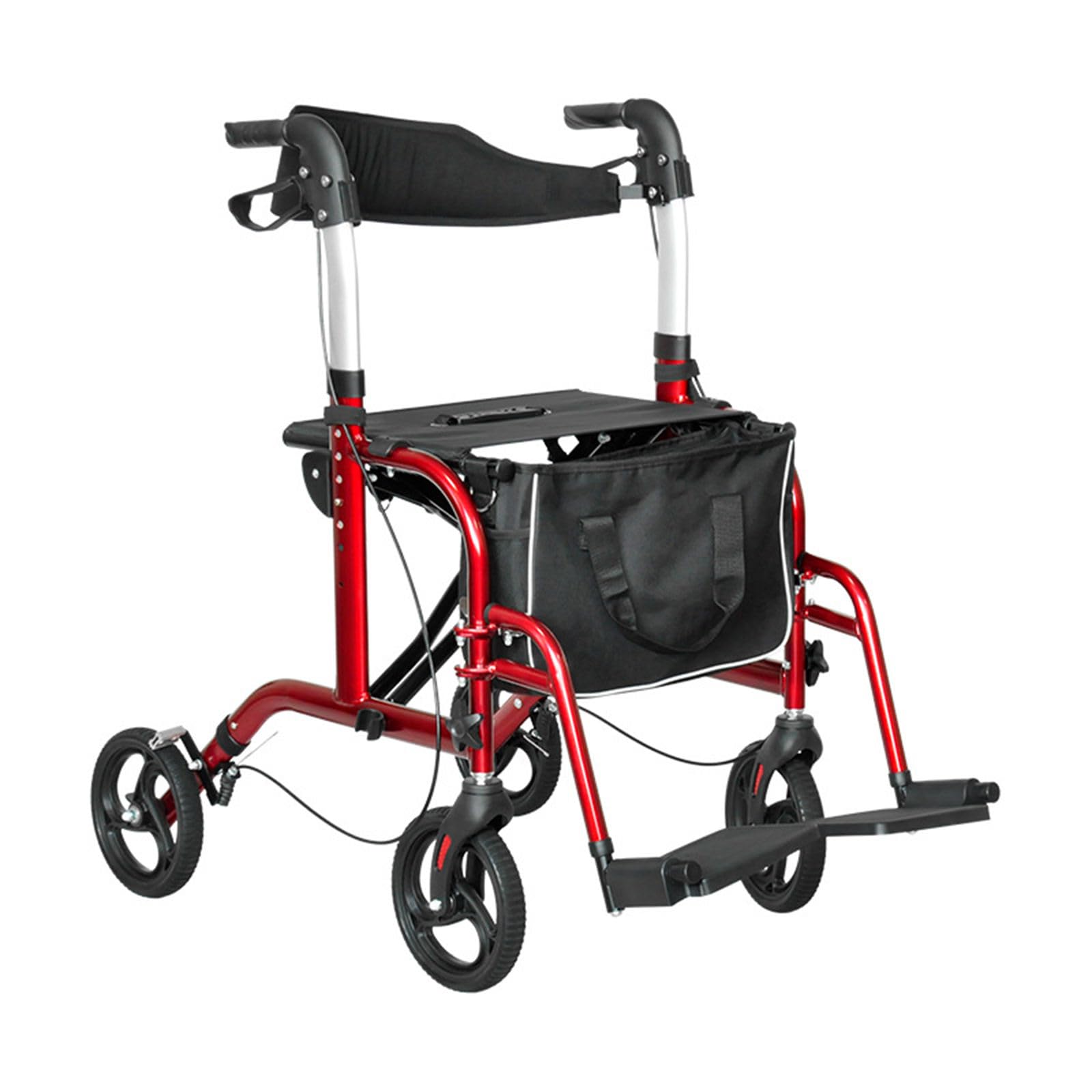 Andador Plegable para Silla de Ruedas, Andador con Ruedas híbrido 2 en 1 con Asiento, (Estructura de Aluminio, Frenos, Respaldo, 4 Ruedas, 87-99 cm de Altura),Rojo