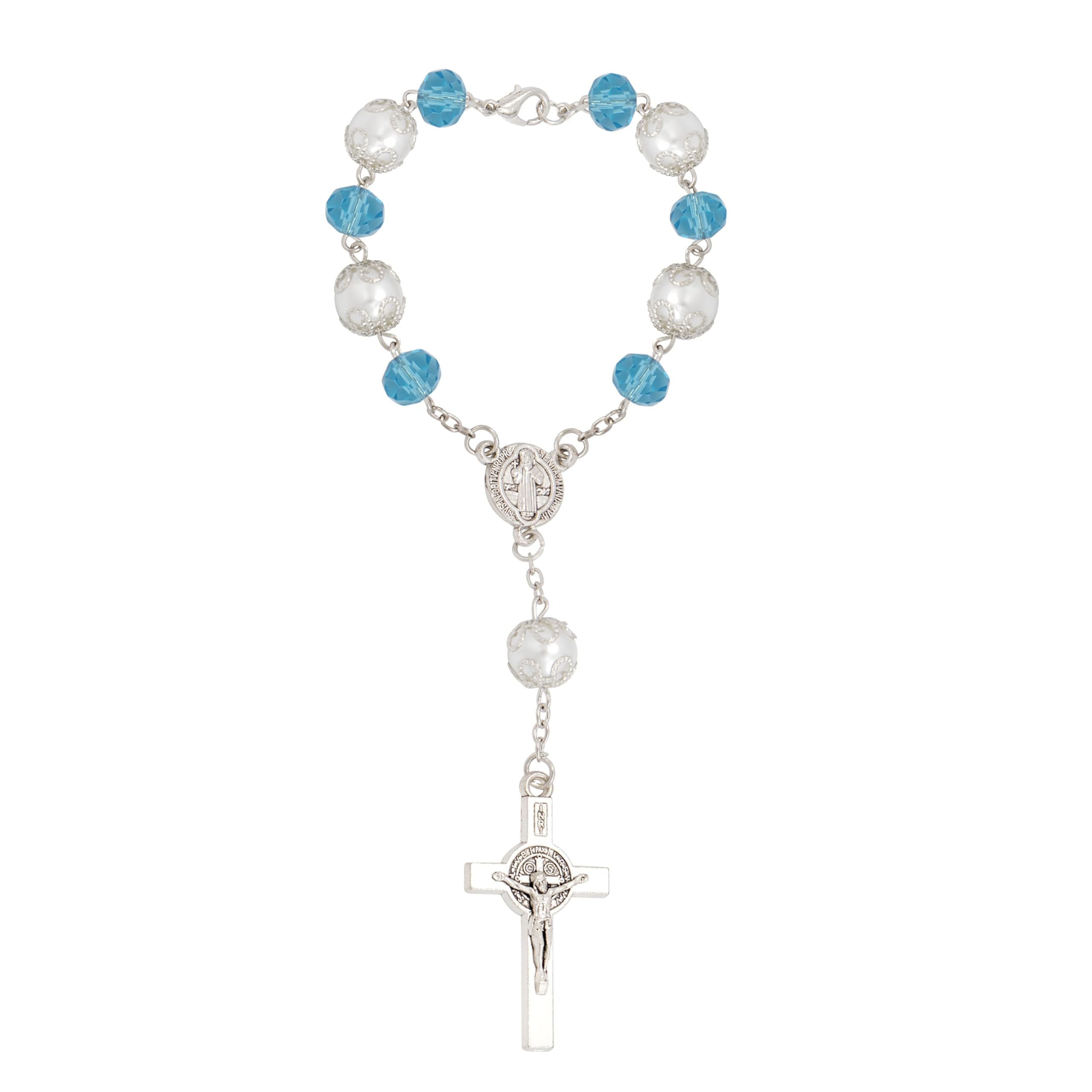 Nazareth Store Men's Blue Car Rear View Rosary St Saint Benedict Catholic Turquoise Beads Benedictus Medal Cross Crucifix Christian Gift Rosaries