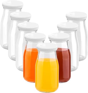 Glass Shot Bottles with Lids, 8 pack Empty Mini Bottles for Ginger Shots, 150ml Reusable Small Clear Jar for Juice Clear Glass Juice Drinking for Homemade Beverages Picnics White lid