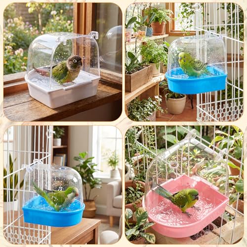 Image of Honeydak 3 Pieces Clear Bird Bath for Cage Parakeet Bird Cage Accessories Hanging Bath Box Parrot Bathing Tub with View for Cockatiel Conure Canary Budgies Parrots (Cute Color)