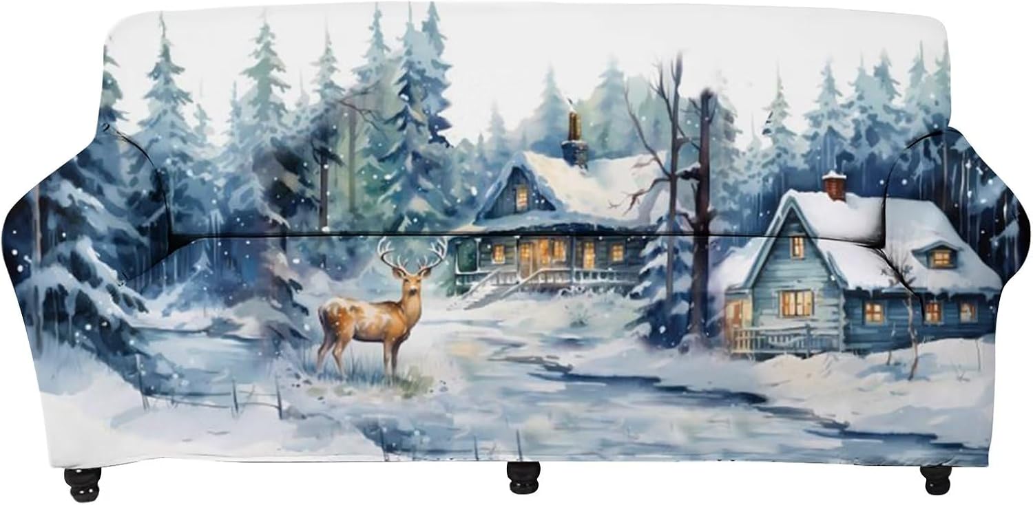 FKELYI Anti-Skid Christmas Sofa Cover Slipcover Reindeer Snowflake Farmhouse Decor Couch Coat Stretch Sofa Slipcover Reversible Furniture Protector Replacement-L