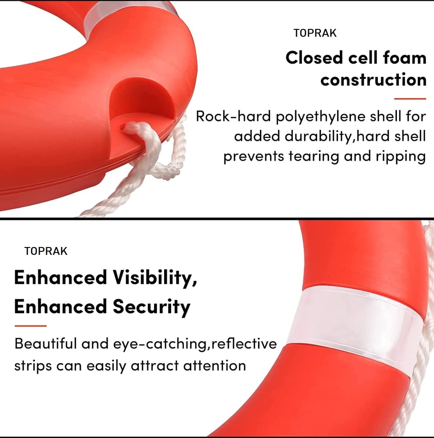 TOPRAK Life Buoy Ring, Rotomolded Hard-Shell Foam Construction, High-Visibility Reflective Strips, Includes 50ft Floating Rescue Rope, Orange 28.3in 1