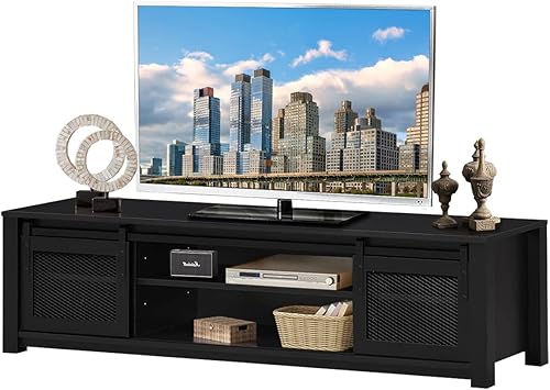 Soporte de TV de granja para televisores de hasta 65 pulgadas, mesa consola de televisión de madera con 2 puertas corredizas de malla metálica y