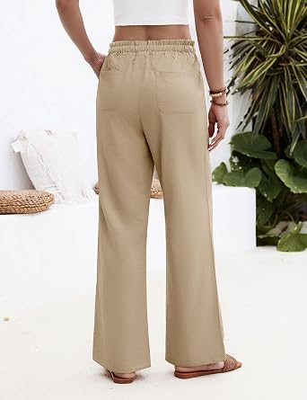 Sommerhose Damen Leichte Luftig Hose Sommer Hohe Taille Freizeithose Lang Locker Gerade Geschnitten Damenhose Elegant Elastische Bund Strandhose mit Taschen Kordelzug