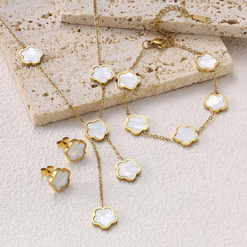Srazeyo 5 Leaf Flower Jewelry Set Women 5 Leaf Earrings Bracelet Necklace 5 Leaf Clover Plum Blossom Necklace Earrings Three Pieces Ladies Lucky Jewelry Gifts - Image 6
