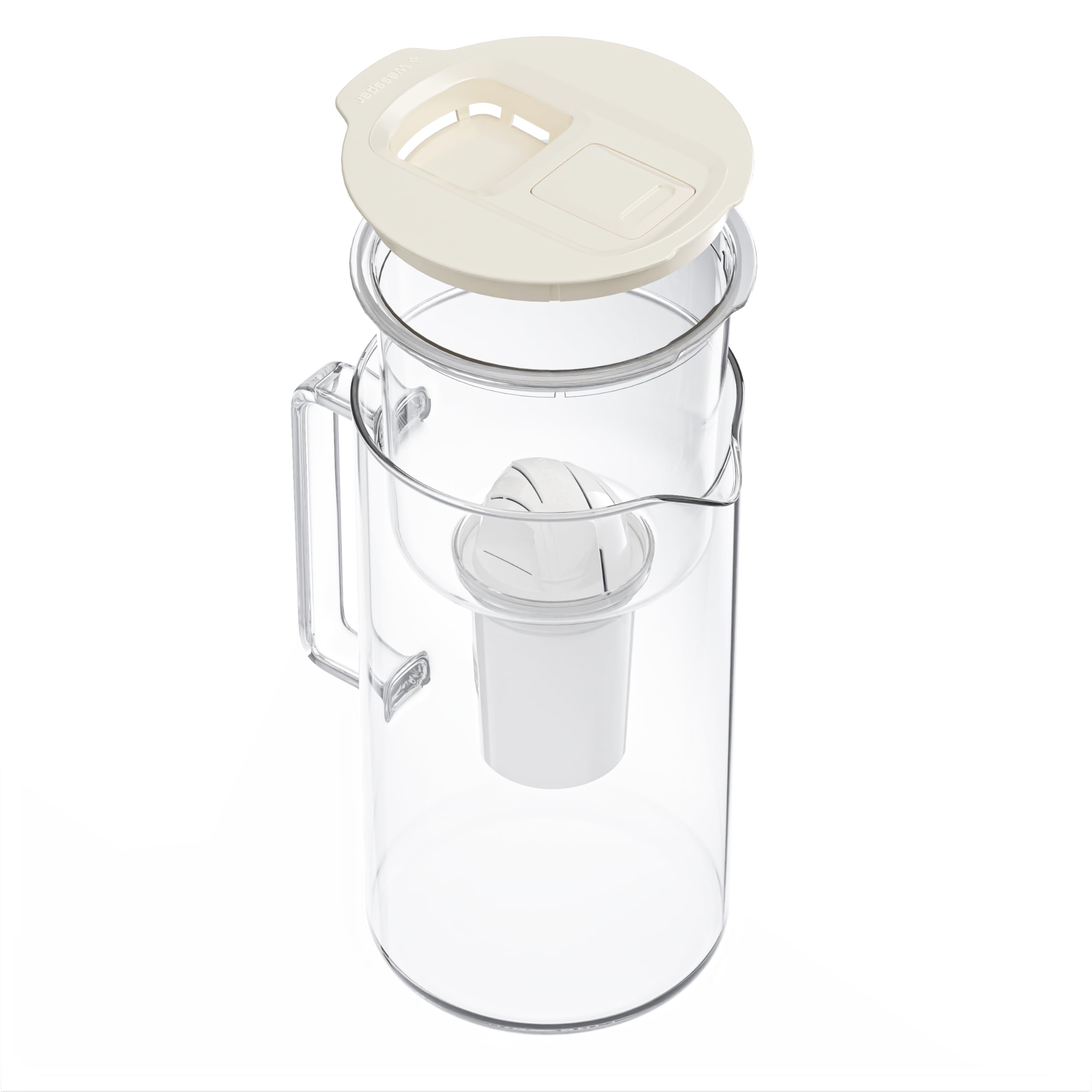Wessper Carafe Filtrante en Verre avec Cartouches Filtrantes pour Eau Potable 2 l, Pichet en Verre avec Compteur de Filtre Intelligent, Kit comprenant 1x filtre à charbon actif- Beige