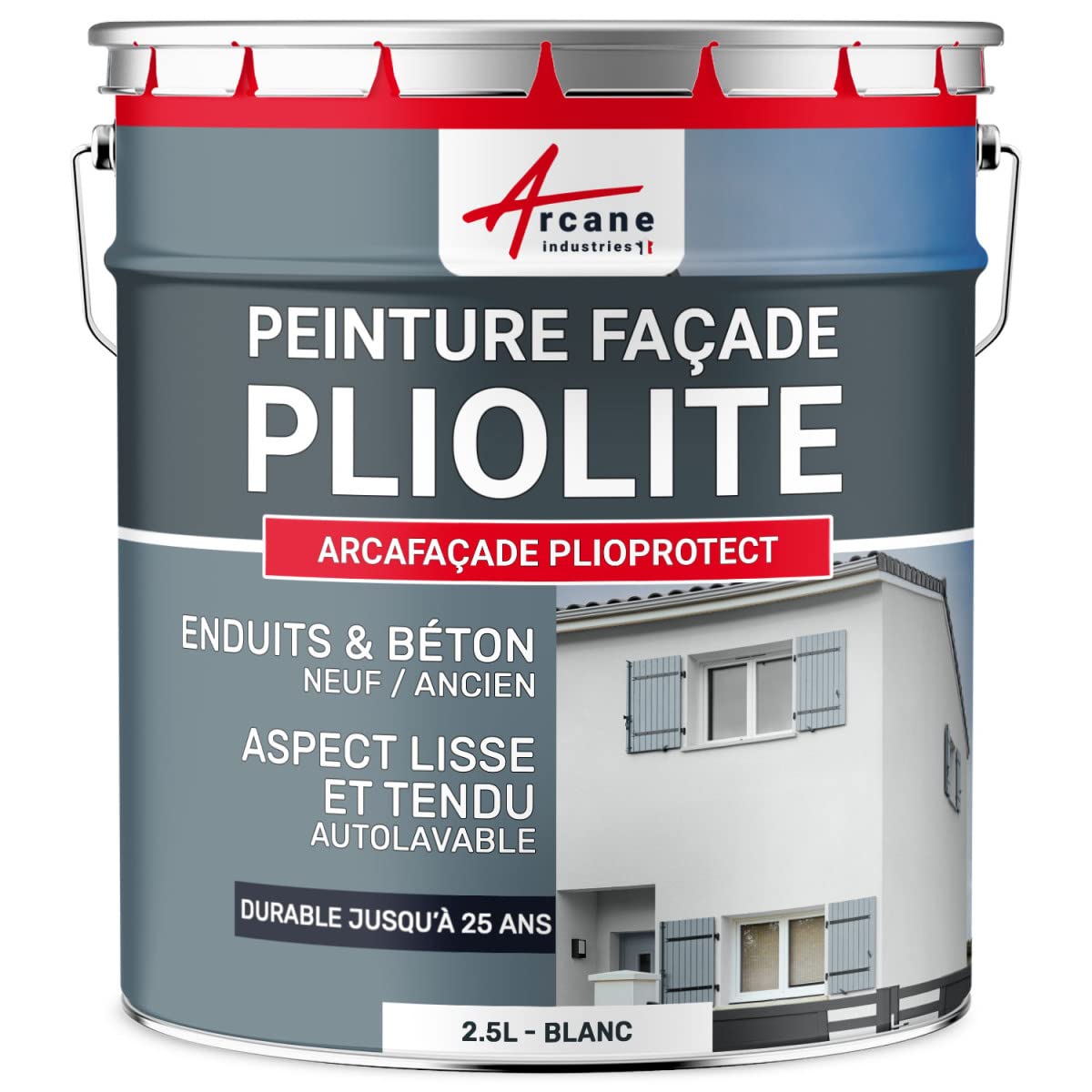 ARCANE INDUSTRIES Peinture façade pliolite pour Mur extérieur, crépi - Peinture Hydrofuge Solvantée - ARCAFACADE PLIOPROTECT - 2.5 L (+ ou - 20 m² en 1 Couche) Blanc