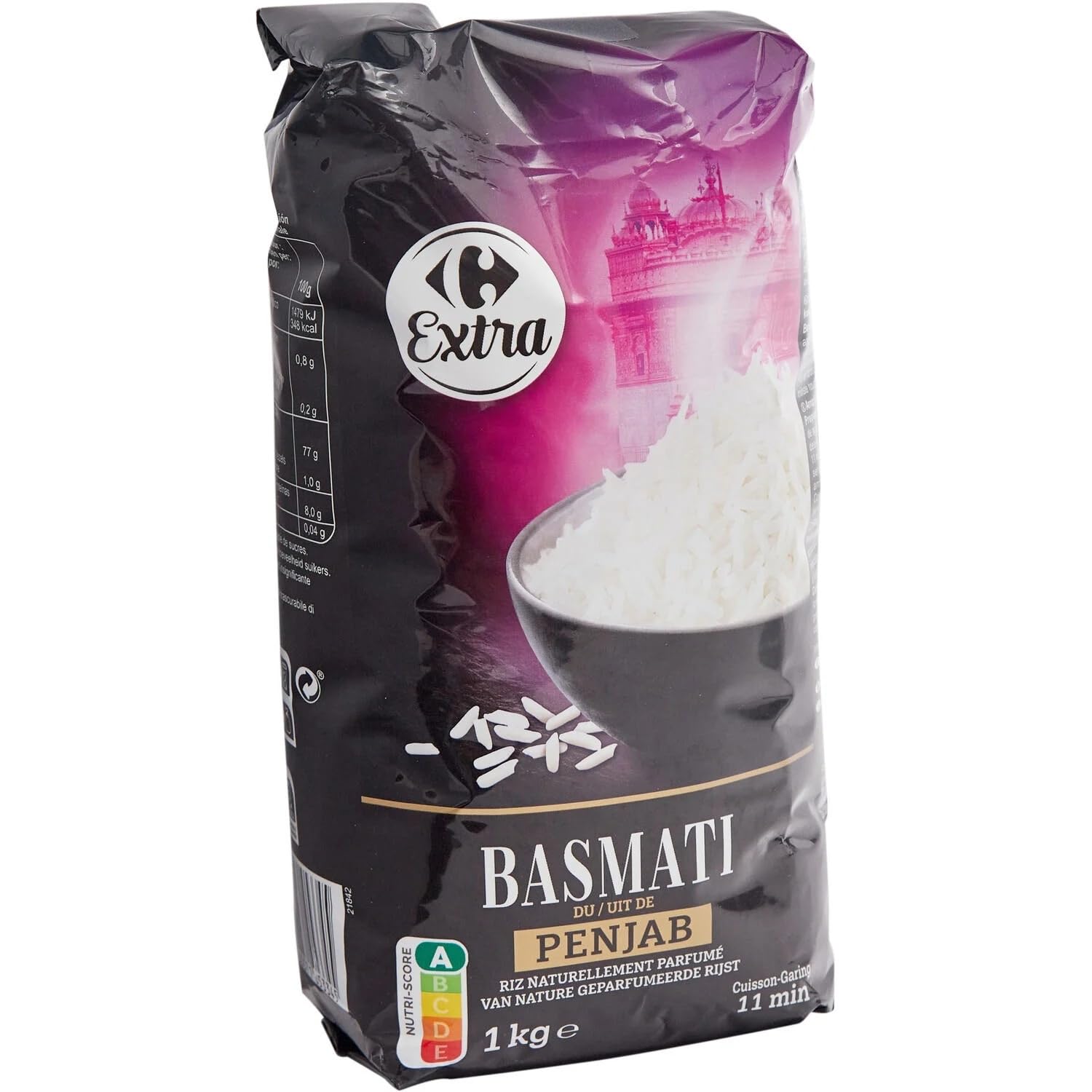 CARREFOUR EXTRA - Riz Basmati Penjab - Riz naturellement parfumé · Prêt en 11 min · Accompagnement Raffiné de Vos Plats du Monde - le paquet d'1Kg - Le Lot De 4
