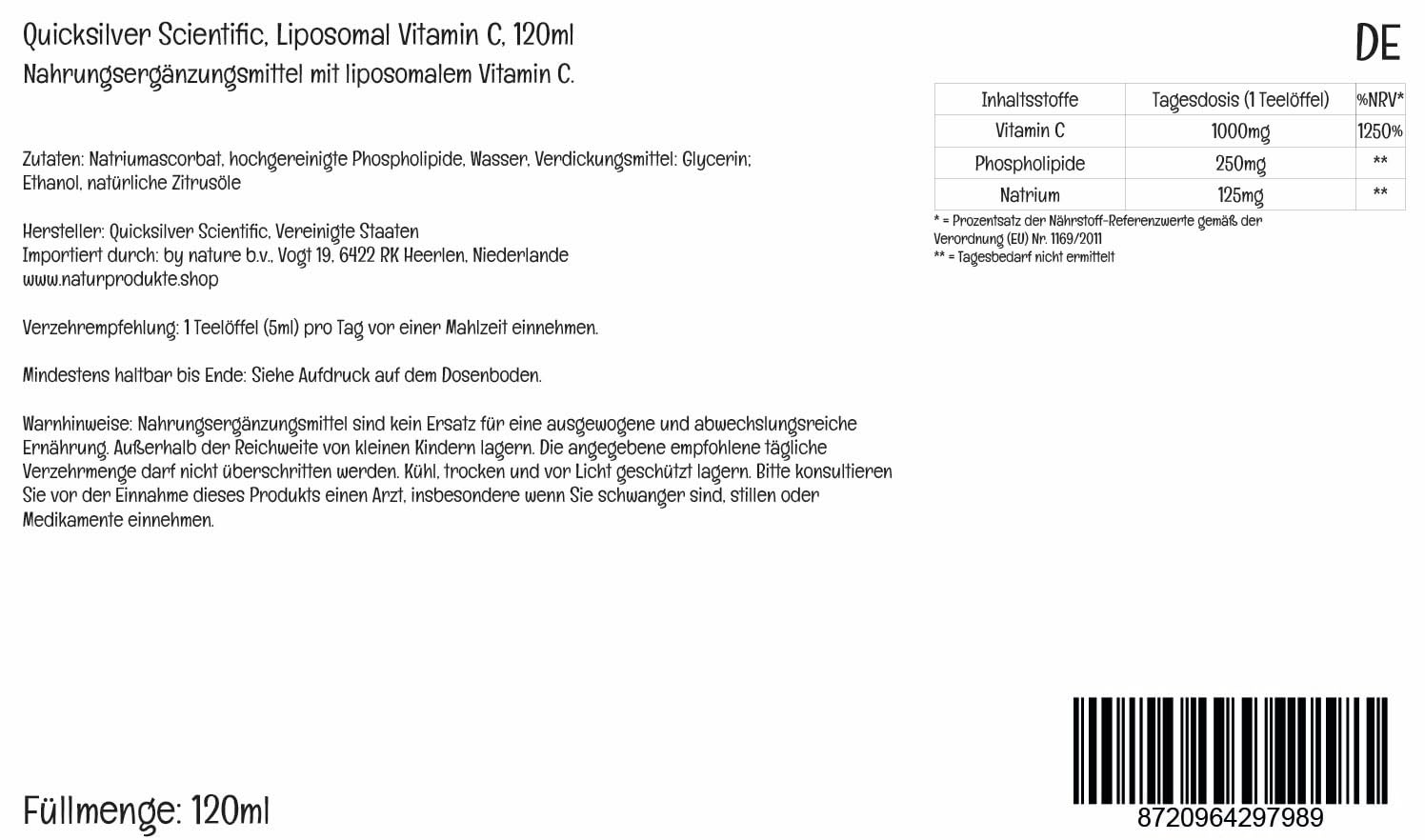 Quicksilver Scientific Vitamin C liposomal 1000mg – liposomales Vitamin C Tropfen, flüssige Formel, vegan, glutenfrei, ohne Zusatzstoffe, 120ml