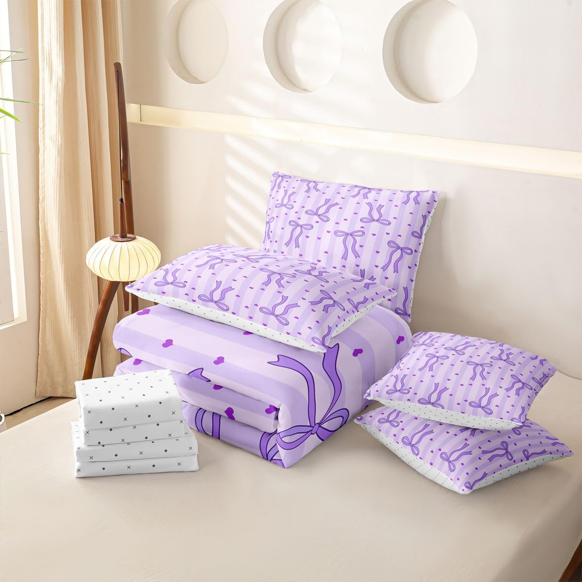 Loussiesd Copripiumino con lenzuola, 7 pezzi, per letto singolo, con grazioso fiocco kawaii, cuori, letto in una borsa, per bambini, ragazzi e ragazze, set di biancheria da letto a righe geometriche