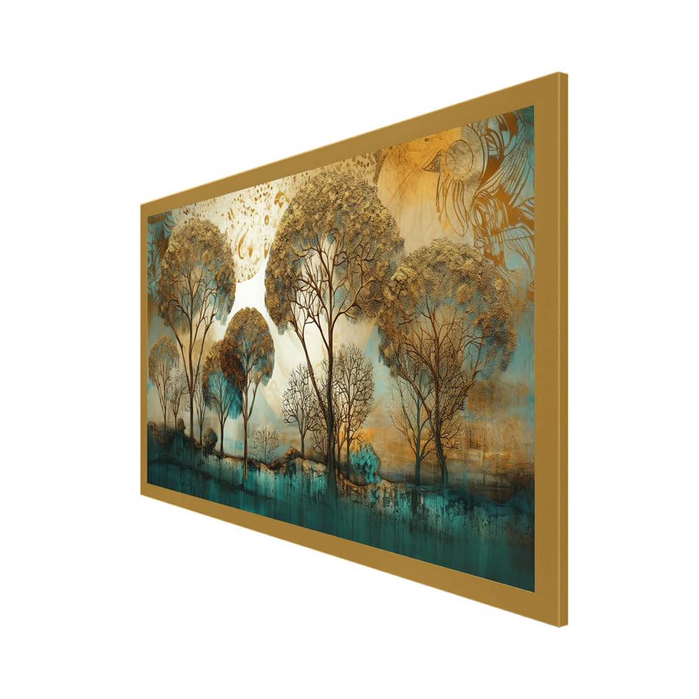 DEKORSTATION Abstract Gold and Blue Tree Landscape Floating Frame Landscape Canvas Wall Painting for Wall Decoration For Living Room Bedroom Office Decor (24 Inch L x 12 Inch H) 1