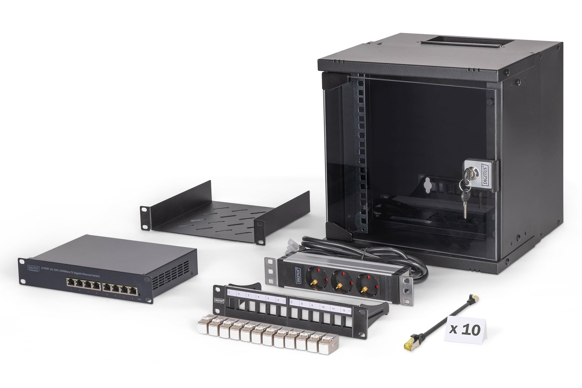 DIGITUS Zestaw sieciowy 10 cali – Szafa sieciowa 6U – Półka – Listwa zasilająca – Przełącznik 8-port – Patch panel 12-port – 12 modułów Keystone – 10 kabli patch – Niezmontowany – SOHO Pro – Czarny
