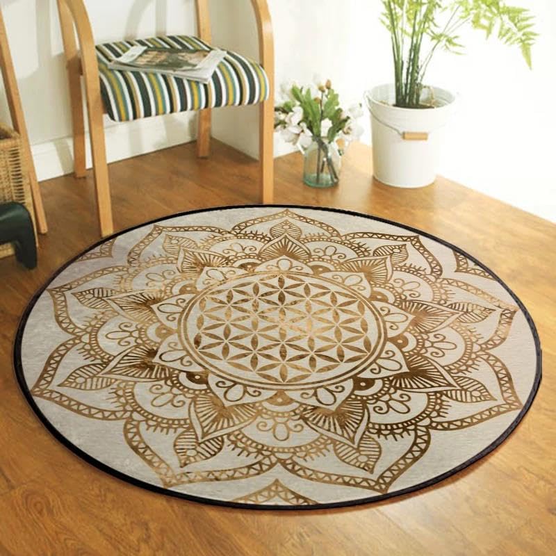 Cadeau de décoration élégant : le tapis rond mandala doré Fleur de Vie