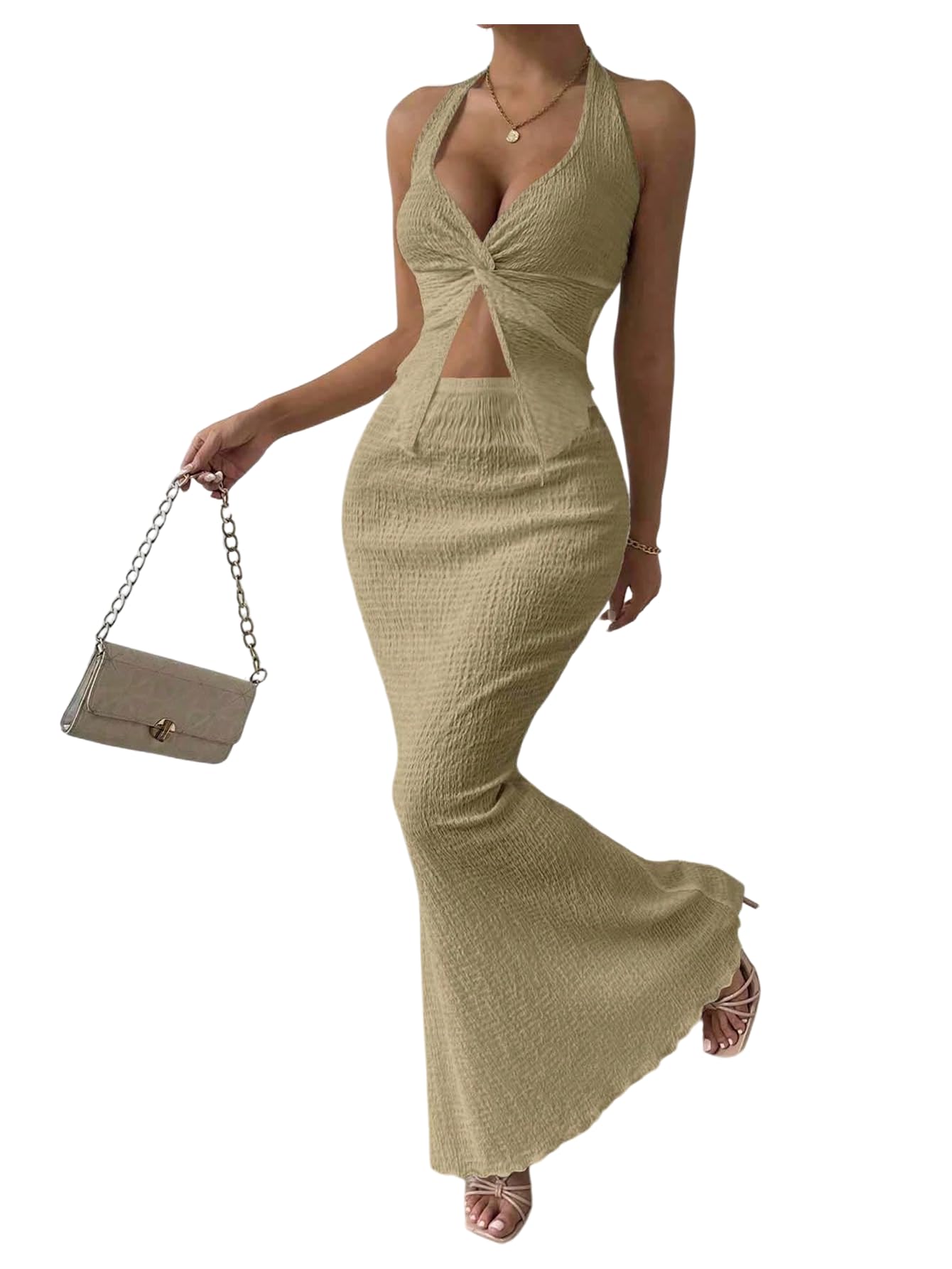 SOLY HUX Women's Two Piece Outfits Twist Front Halter Cami Tops and Skirt Summer Set