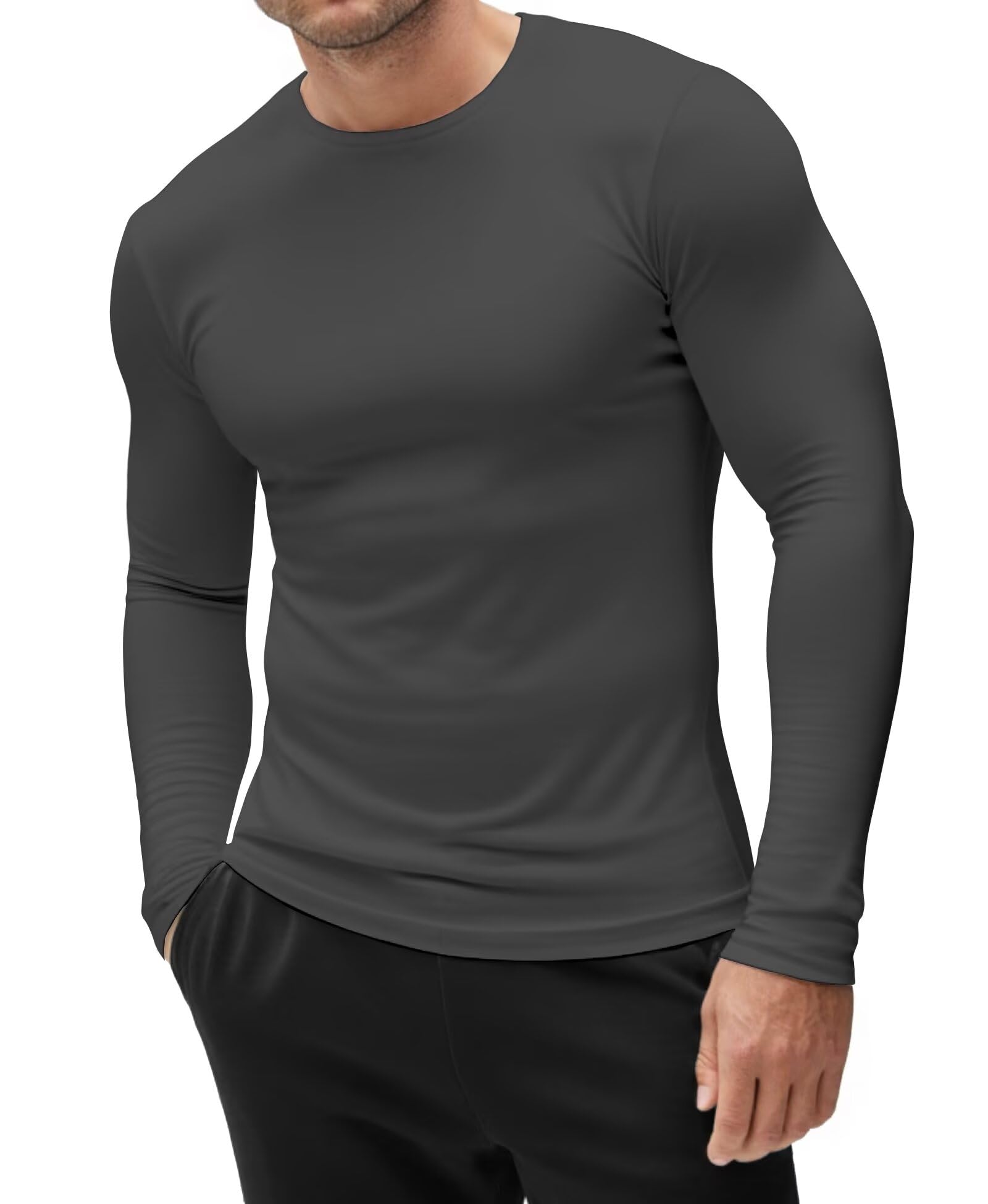 Camiseta interior deportiva para hombre, capa base térmica atlética, cuello redondo, manga larga, camiseta de entrenamiento ajustada