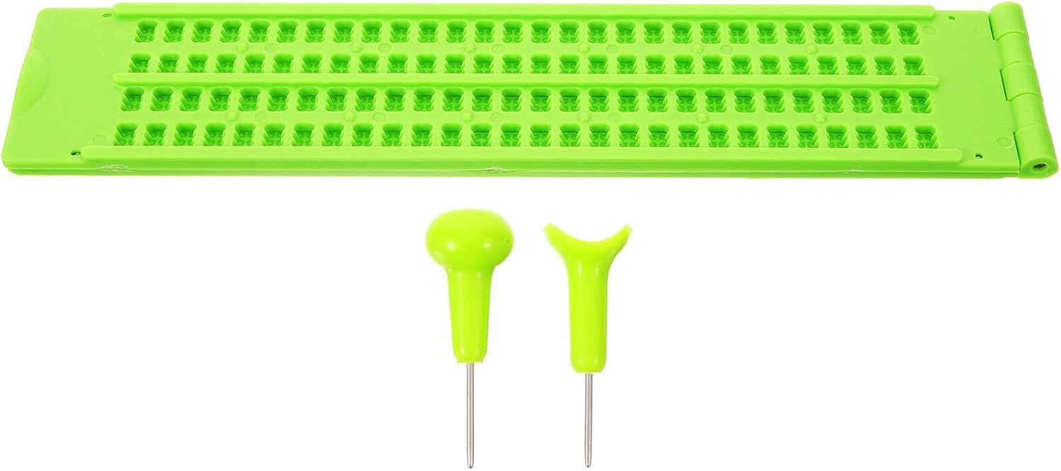 Artibetter Braille Writing Board for Blinds 4-line 28-Cell Set with 2 Stylus Pens Green Plastic Braille Plate Learning Tool for Blind People Visual Impairment Aids