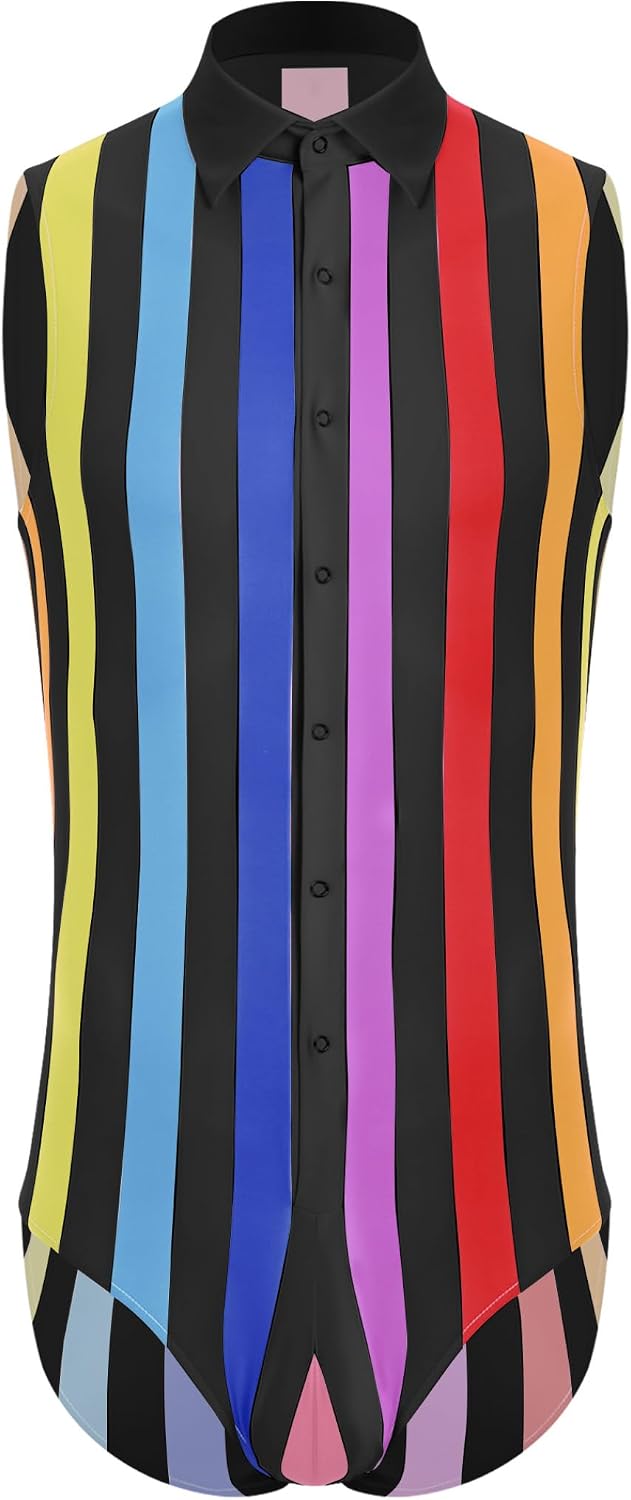 Men's Striped Costume Bodysuit Sleeveless Button Down Short Romper Tank Tops Athletic Outfits