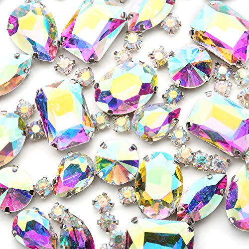 AB Sew On Rhinestones, Choupee 130PCS Sew On Rhinestone Metal Back Prong Setting Sewing Claw Rhinestone Mixed Shapes Sew On Glass Gems for Jewelry, Clothes, Costume, Shoes,Dress, Garments