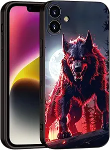 Printed with Wolf for iPhone 16 case, Under The Full Moon, The Wolf King with Untamed Power and Radiating Red Eyes - Silicone Shockproof Case (A1-Wolfs-Animal)