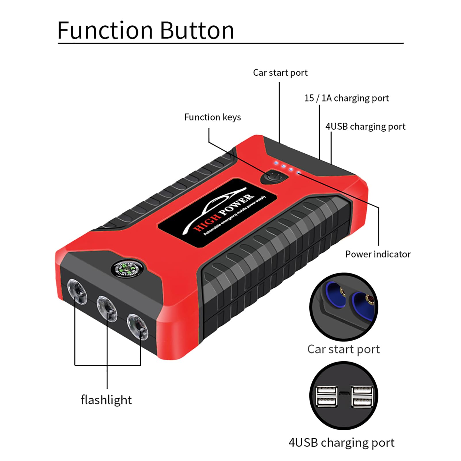 Arrancador de Batería de Coche, Arrancador de Emergencia de Carga Rápida USB, Brújula Portátil con Puertos USB, Elevador de Batería Automático Portátil de 12V