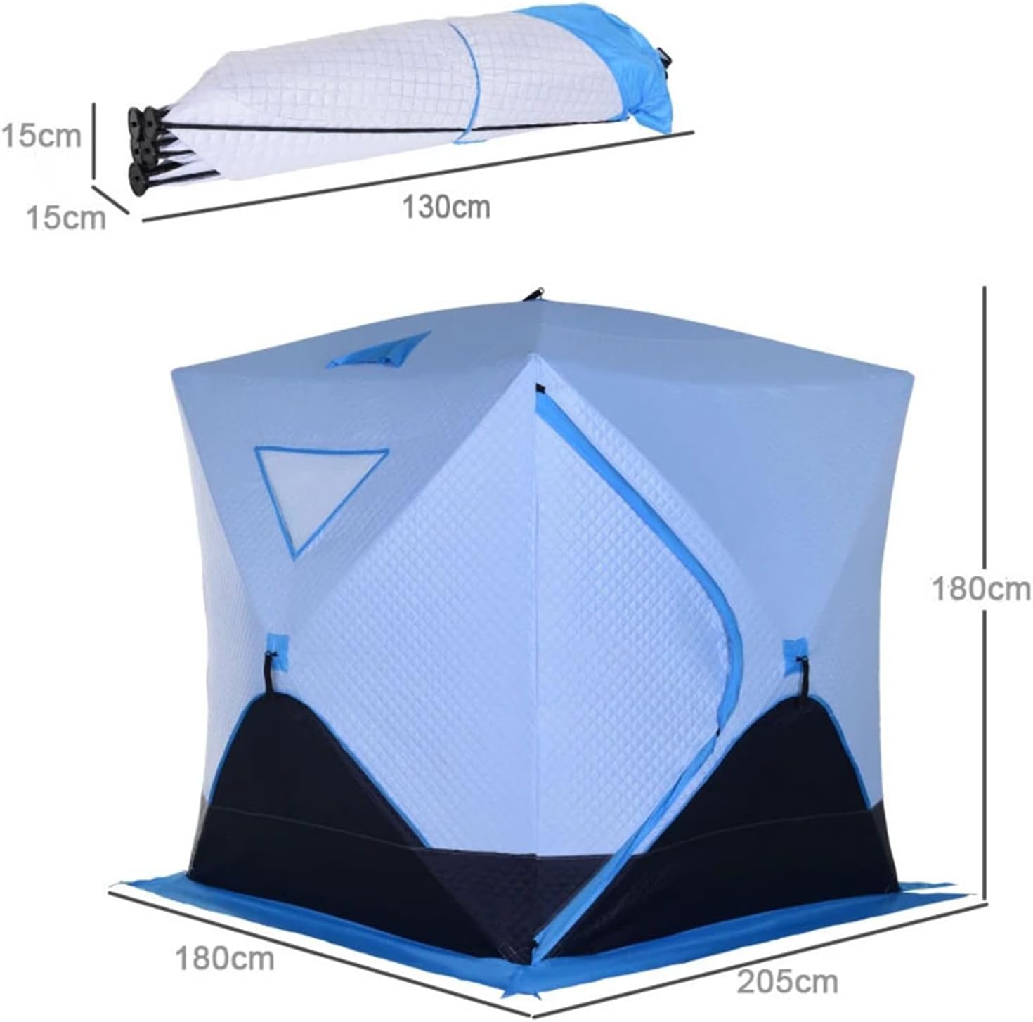 2-4 Person Ice Fishing Shelter Portable Insulated Ice Cube Tent for Ice Fishing Winter Fishing, Pop-up Ice Shanty with 8 Anchors (Blue 205 * 180 * 180cm)
