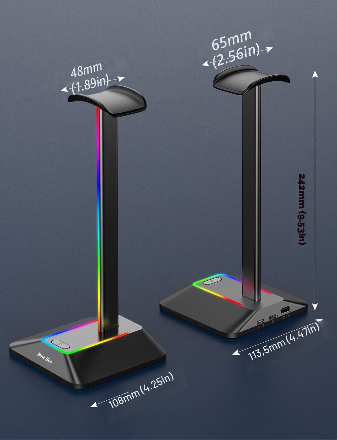 New Bee Supporto Porta Cuffie da Gioco RGB USB-C Caricabatterie Trasferimento Dati Universale Scrivania Nero