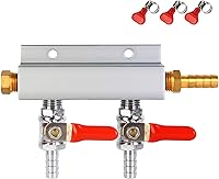 Vista 1 de FERRODAY Colector de gas de 2 vías, 5/16 pulgadas, válvulas de retención integradas de púas, distribuidor de CO2, apagado independiente