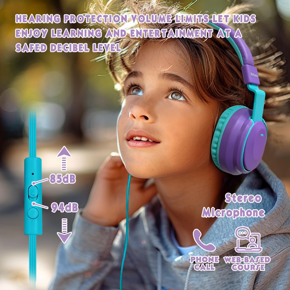 Mokata Auriculares para niños, volumen limitado, 85/96 dB, con cable, plegables, con cable en línea, cable auxiliar de 3,5 mm, micrófono para niño, niña, escuela, PC, portátil, tablet, color morado
