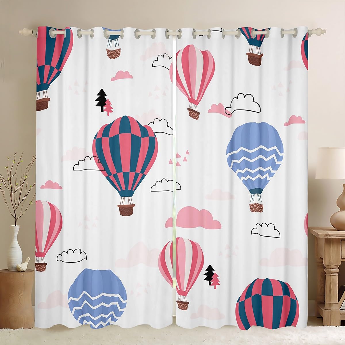 Hot-air Balloon Window Curtains Cartoon Balloon Darkening Dreapes Rainbow Cloud Cartoon Blackout Curtains for Kids Kawaii Window Treatments W66*L90