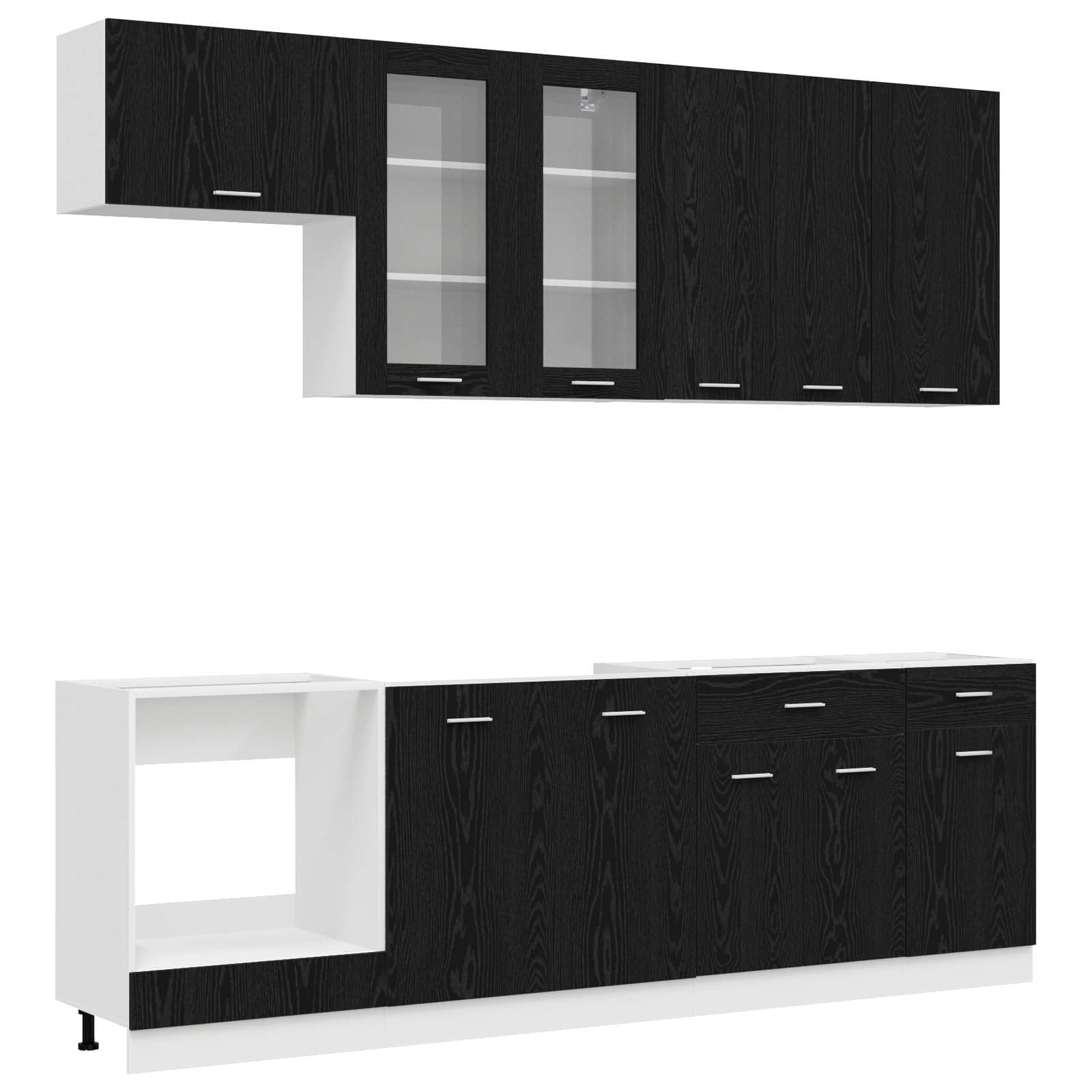Küchenzeile Lyon 8-teiliges Küchenschrank Set, Moderne Einbauküche aus Holzwerkstoff, Küchenblock mit Hängeschränken und Unterschränken, Schwarze Eiche