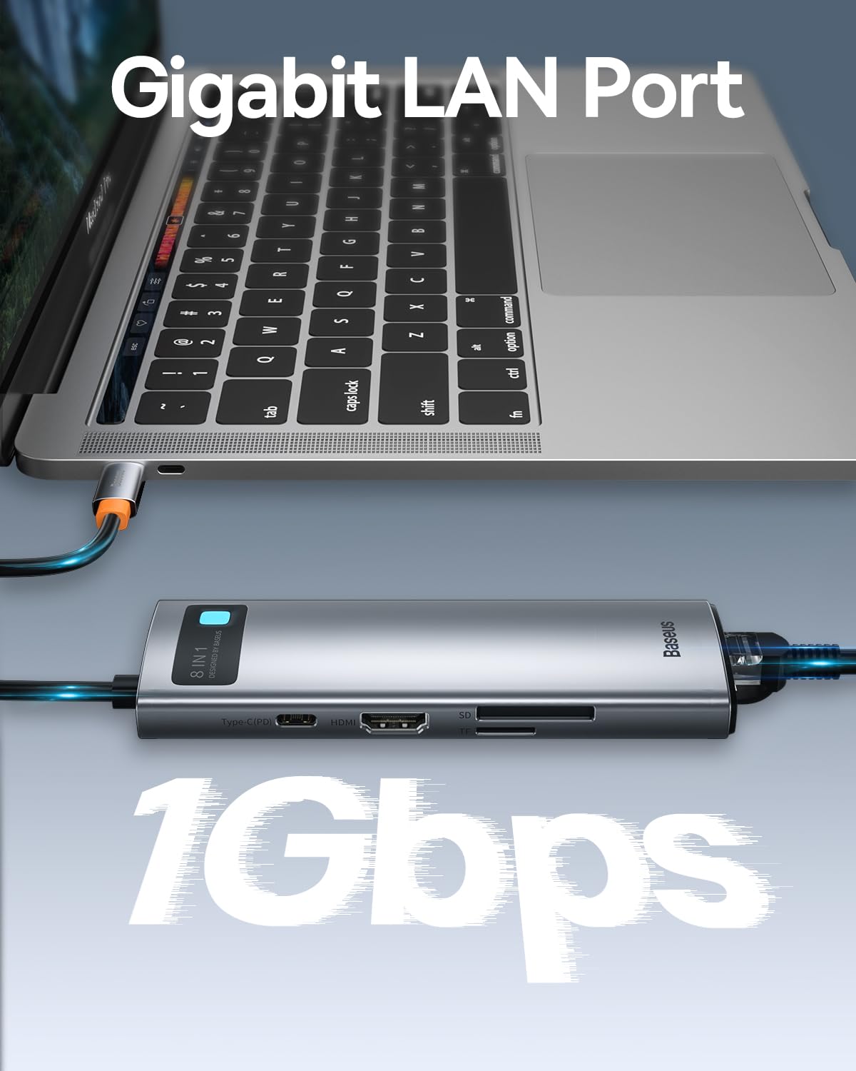 Baseus Adapter 8 w 1 USB C z HDMI 4K, Gigabit Ethernet, 100 W PD, 3 USB A 3.0, czytnik kart SD/TF, stacja dokująca USB do laptopów MacBook Pro/Air, Surface Pro, iPad Pro, Dell, Steam Deck itp