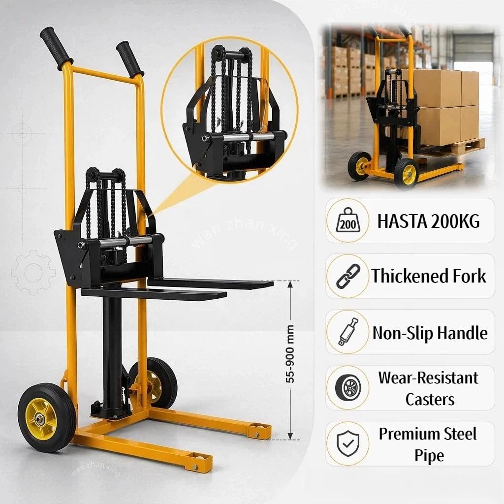 Apilador Hidráulico Manual 200kg, Transpaleta con Plataforma de Acero Desmontable, Elevador de Cargas para Almacén