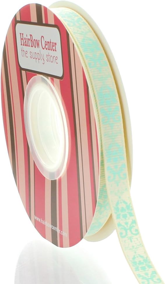 3/8" Ivory w/Aqua Damask Grosgrain Ribbon 100yd