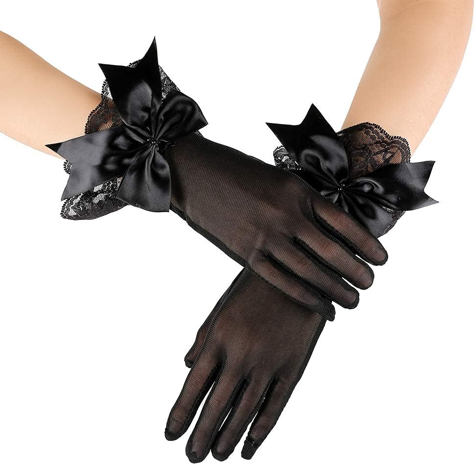 1 Pair Lace Gloves for Women Black Gloves Butterfly Bow Design Bridal Net Glove for Women Adult Ladies Elegant Short Mittens for Wedding Party Festival Photography