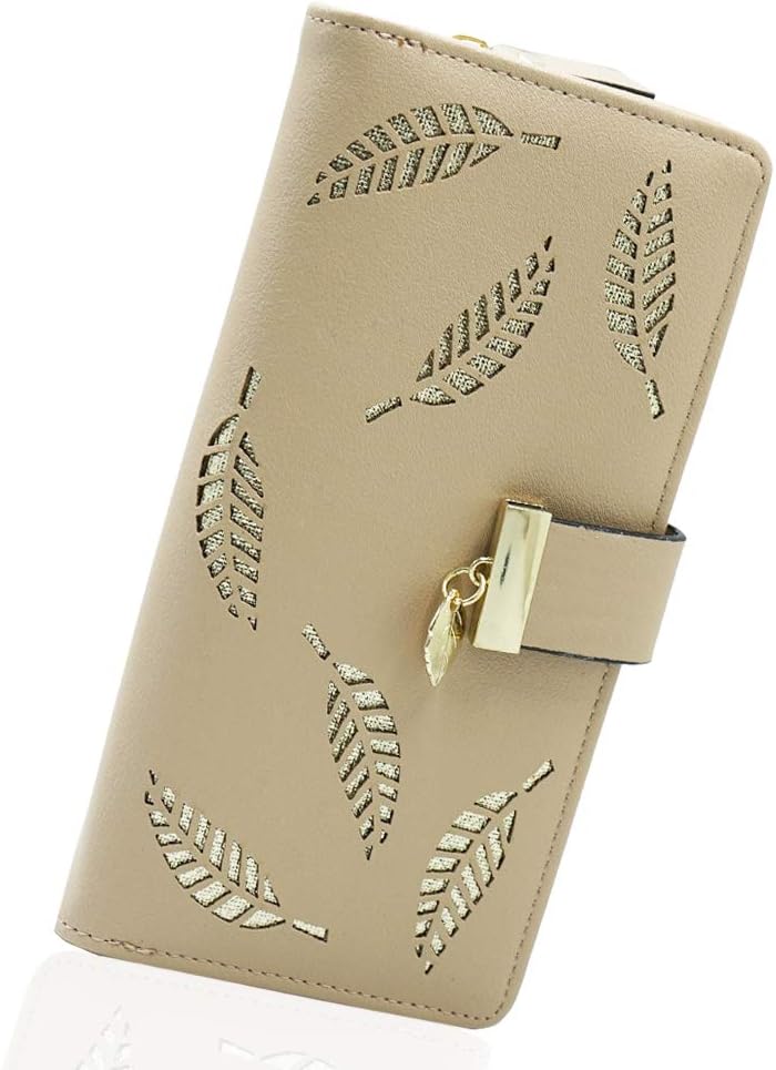 Women's Leather Wallet Purse Hollow Leaf Pattern Zipper Handbag Button Clutch Bag (apricot)