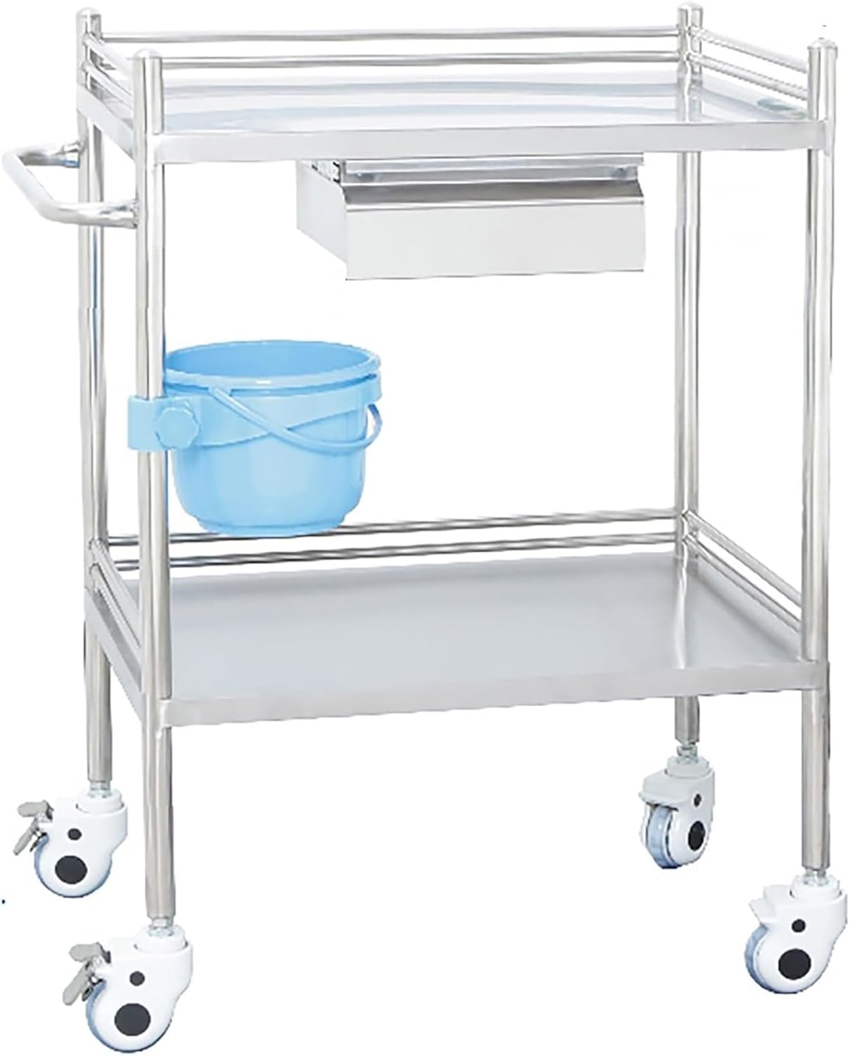 Carro médico de acero inoxidable de 2 niveles, carro rodante de laboratorio con 2 estantes y 1 cajón, mesa de trabajo de acero inoxidable con ruedas, para restaurante, almacén, hogar, cocina, garaje y