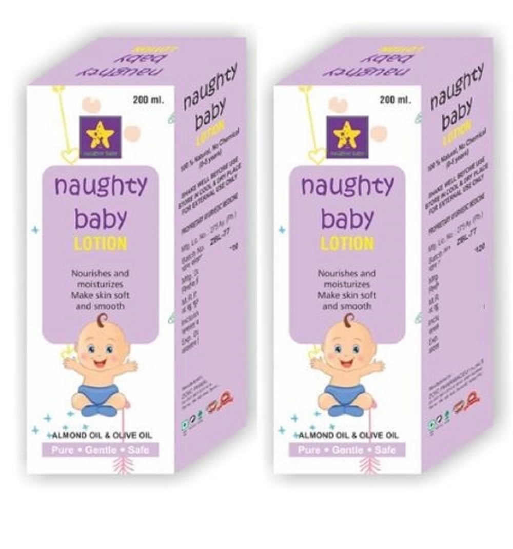 Naughty Baby Moisturizing Lotion | Enriched with Almond Oil, Olive Oil, Shankhpushpi & Aloe Vera | Gentle Hydration for Baby’s Delicate Skin | 200ml X2-400ML