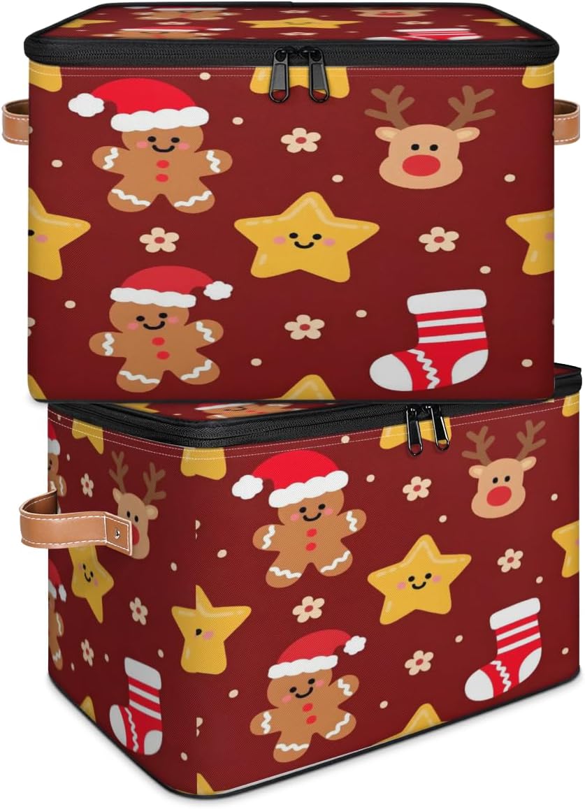 Storage Bin Set of 2 Christmas Deer Gingerbread Storage Basket with Zipper Lid & Handle Foldable Closet Shelf 2 Pack Cloth Organizer Basket Cube Bins for Bedroom, Nursery
