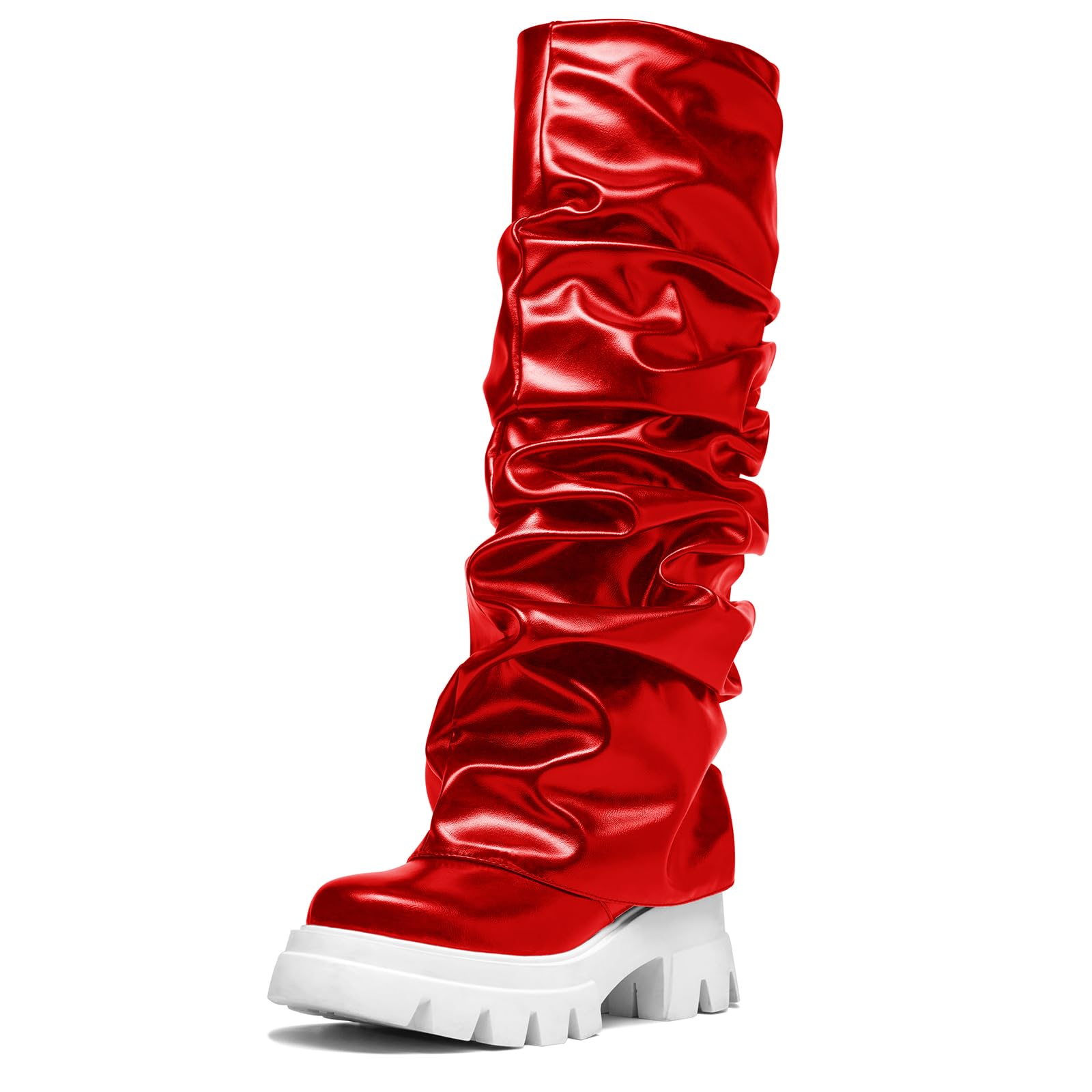 driceic Women's Platform Round Toe Fold Over Mid Calf Boots Chunky Heel Pull-On Fashion Shark Booties for Ladies Party Shoes