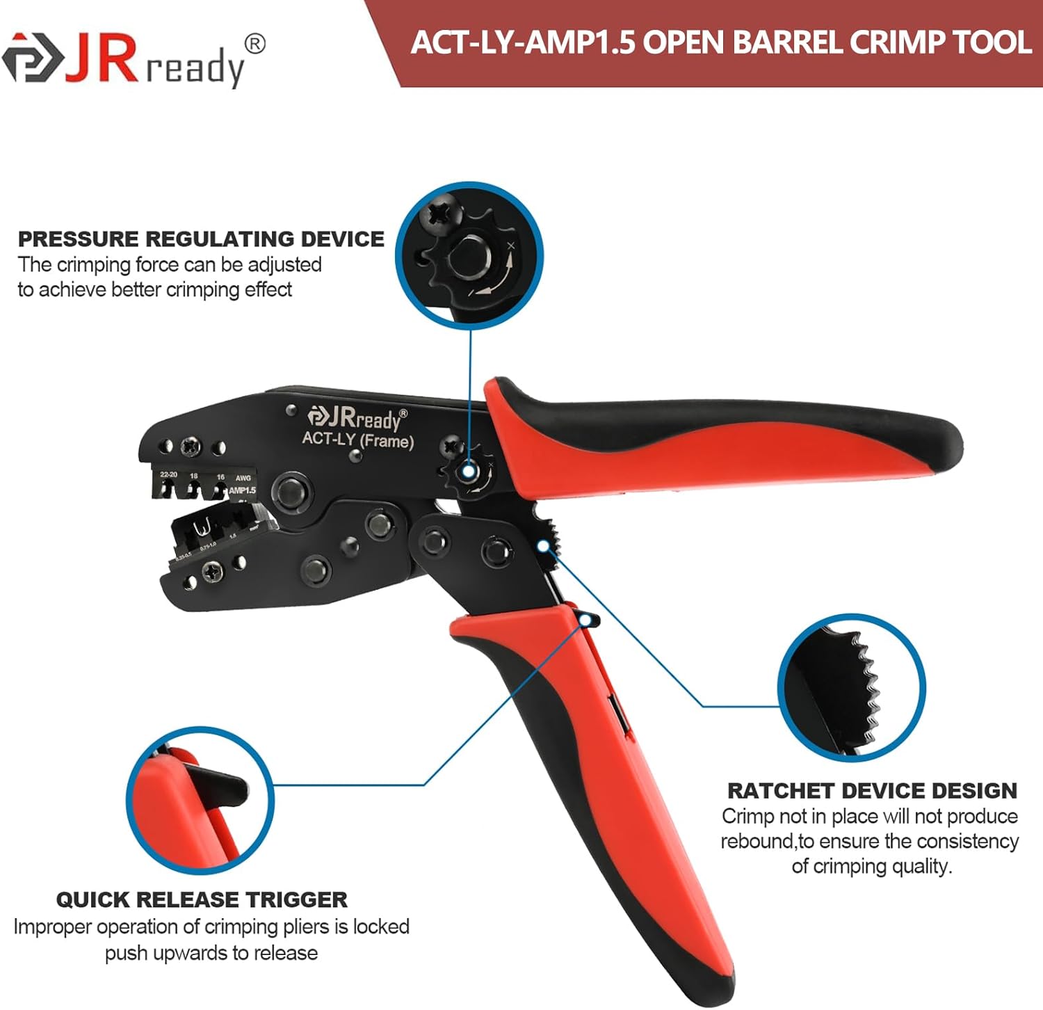 JRready ACT-LY-AMP1.5 Professional Ratcheting Crimping Tool Kit for SUPERSEAL 1.5 Series - OEM standard Wire Harness Tool for Automotive, Marine and Motorsport (22-16AWG)