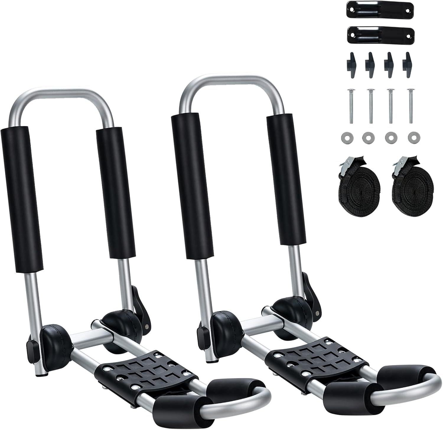 Goplus Kayak Roof Rack, 2 Pcs Folding J Bar Kayak Mount Rack for SUV Truck Car Crossbar, Include Ratchet Straps, Protective Foam Pad, Adjustable Universal Kayak Carrier for Canoe SUP Boat (Unilateral)