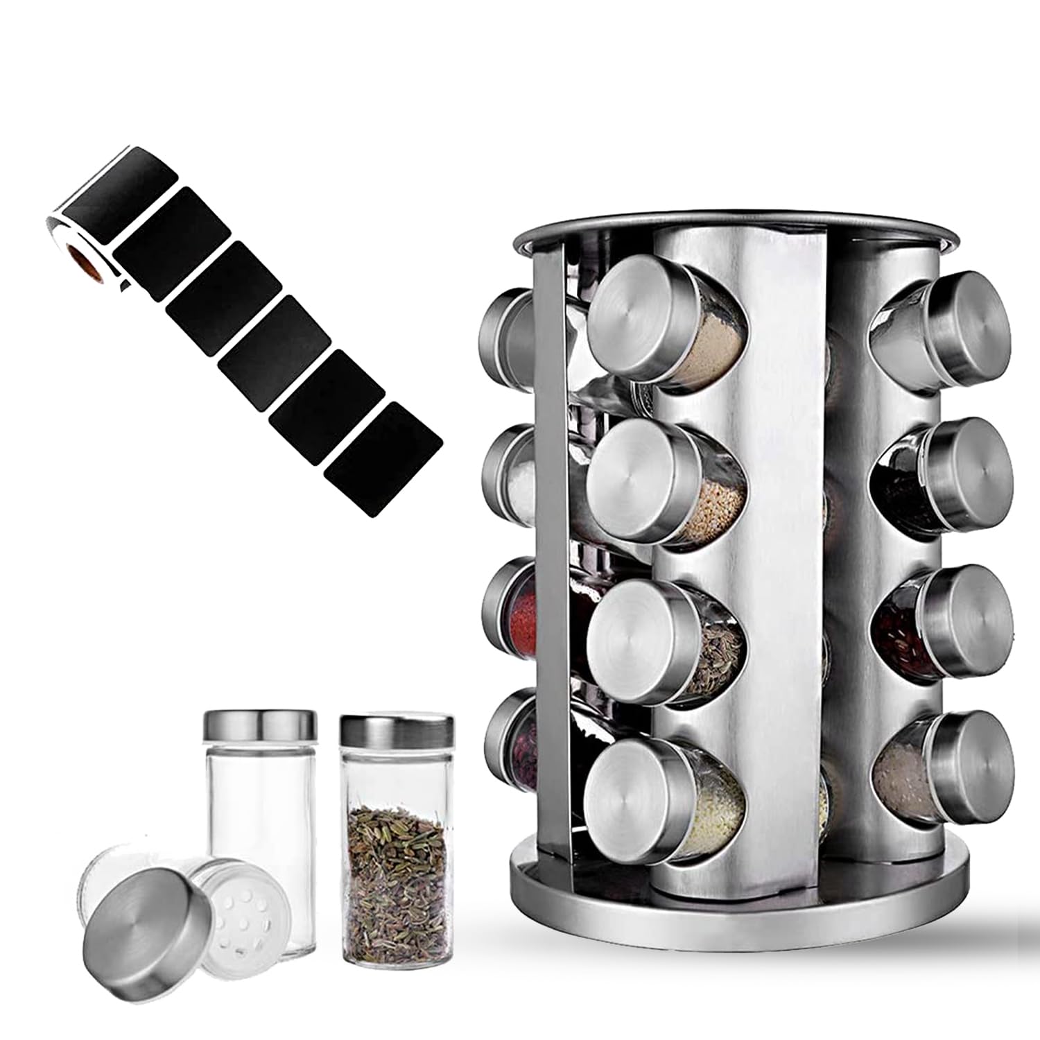 ECASA™ Rotating Spice Rack with Free Seasoning Jars, Revolving Spice Rack,Spice Rack for Countertop with Reuseable Lables- Revolving Tower Organizer Stainless Steel for Kitchen Storage (16Pcs)