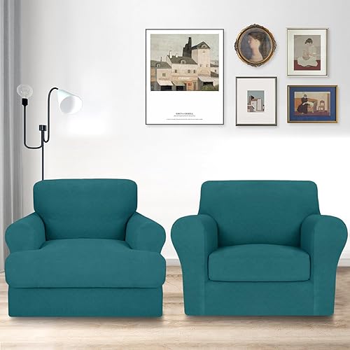 Miniatura 2 de MAXIJIN 2 fundas para sillas con brazos, funda de sofá para sala de estar, funda elástica para perro con 1 cojín (31-46 pulgadas, verde azulado)