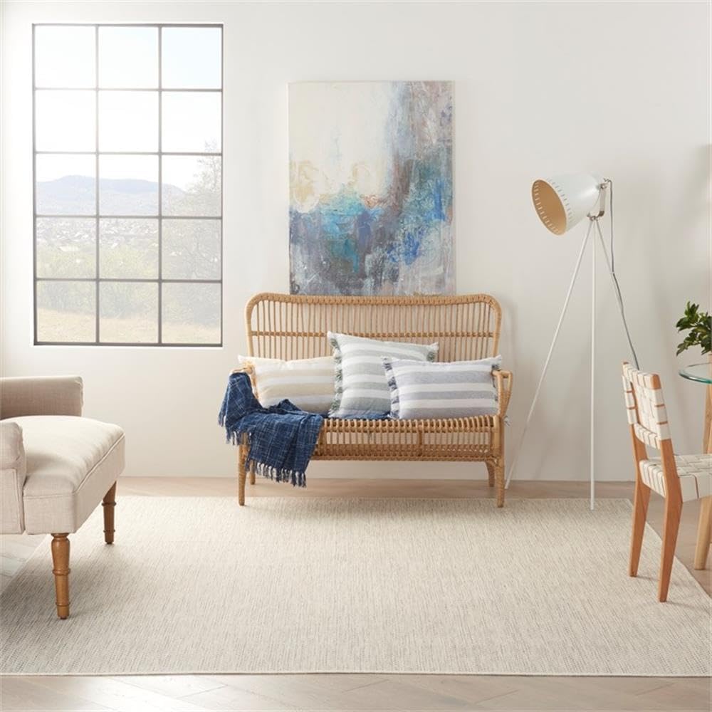 Pemberly Row Contemporary Geometric Area Rug, 10' x 14', 100% Polypropylene, Ivory and Silver, Rectangular Indoor/Outdoor Rug, Subtle Texture, Modern Style for Patio or Living Room
