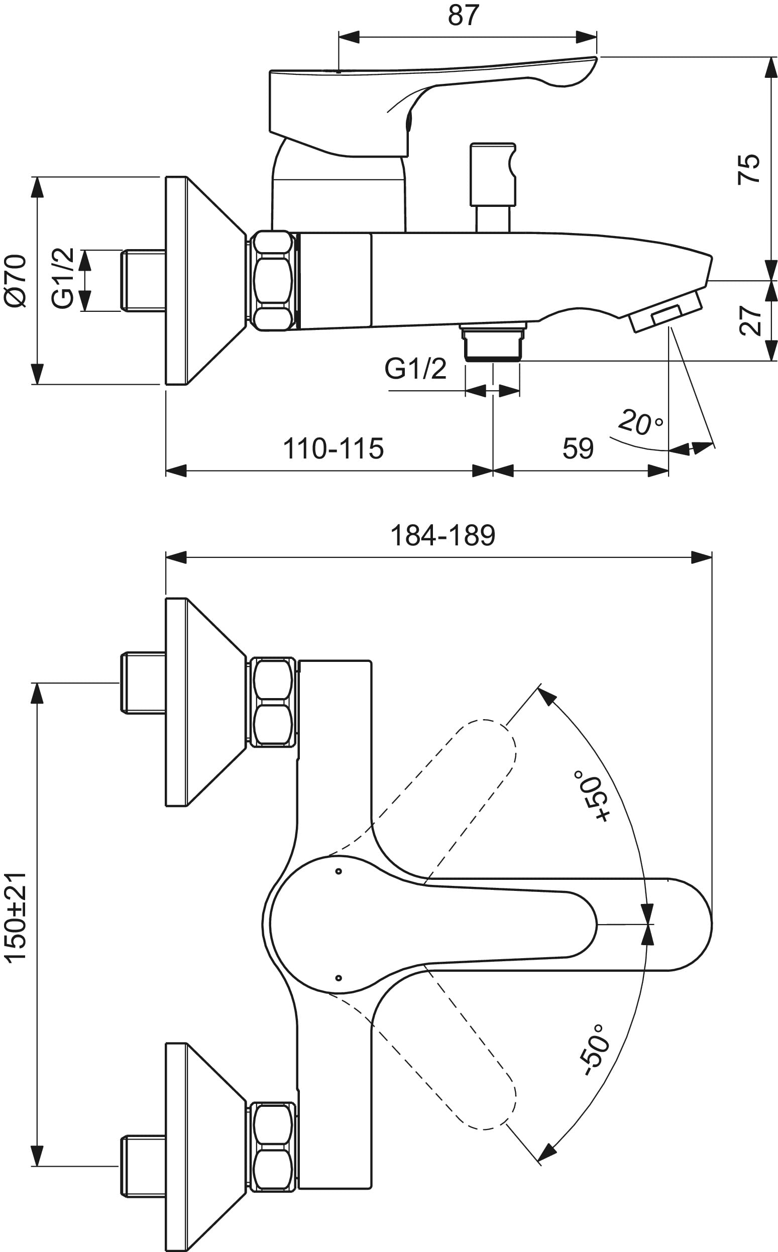 Ideal Standard - Alpha, Miscelatore esterno per vasca, Due vie, Cromato