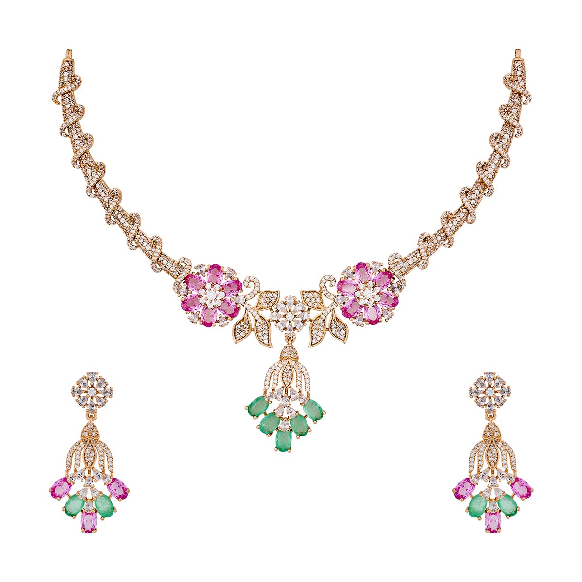 Fashion Jewellery Pink-Mint Gold Rose Plated Zircon Necklace Set with Hanging Earrings for Women | Adjustable Chain | Party, Bridal & Occasion Wear - 472408-image-42